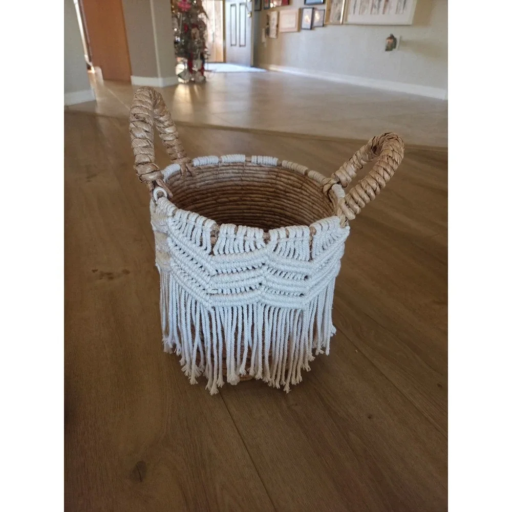 Woven Seagrass Banana Basket‎ Macrame Fringe Boho Handle Storage Decor Accent